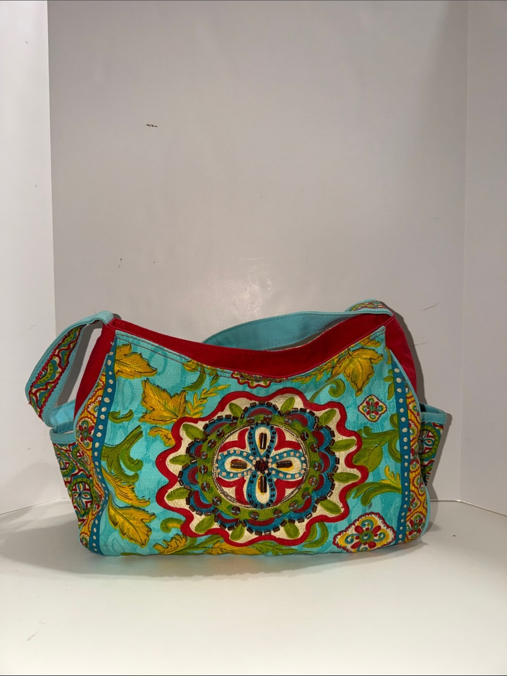 Turquoise Embroidered Shoulder Bag with Red Trim, Kate McRostie,